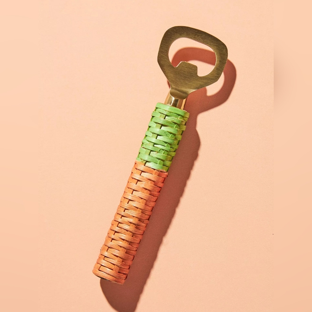 Anthropologie Boho Colorblock Woven Rattan Gold Bottle Opener Barware NWT